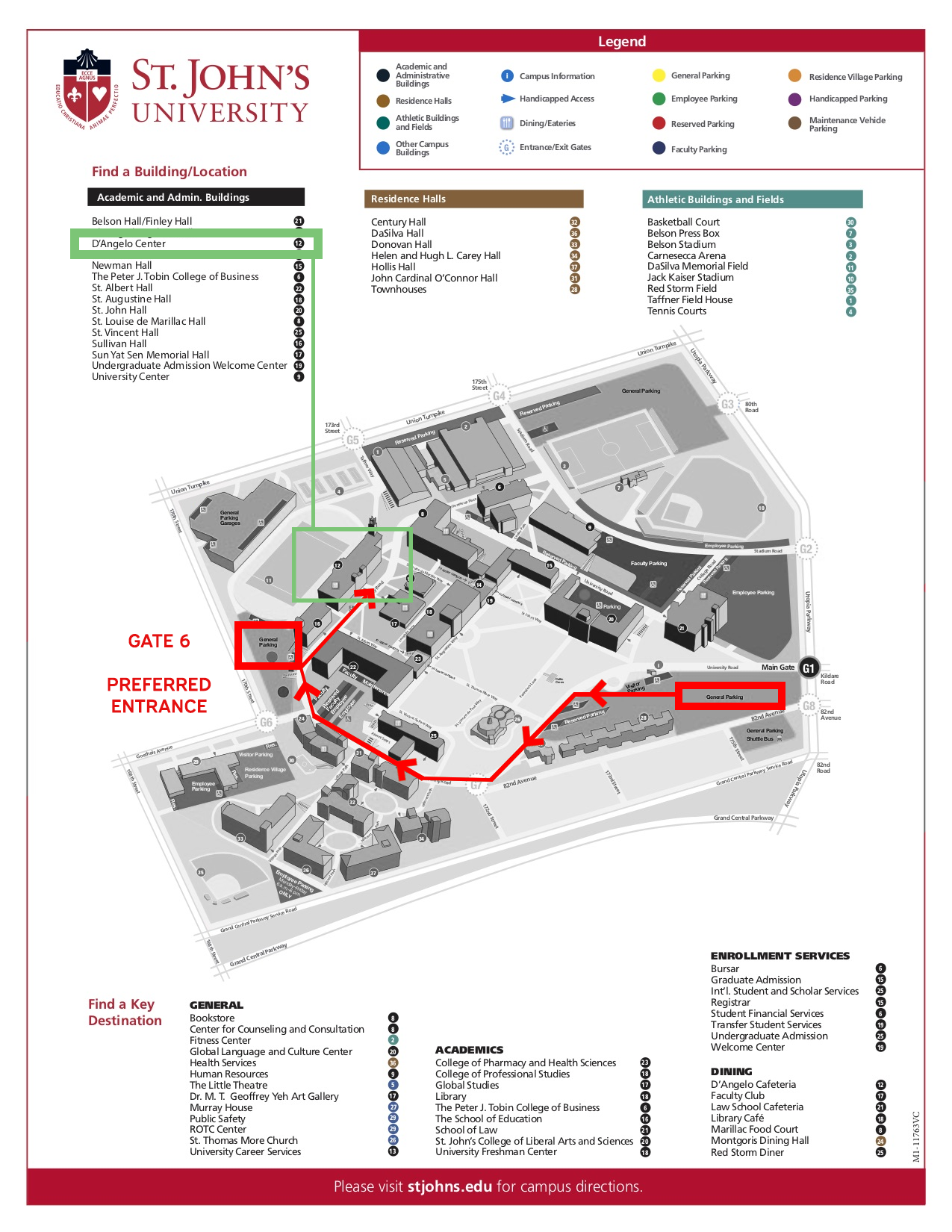 St. John's University campus map showing Gate 6, the preferred entrance, and the route to the D'Angelo Center